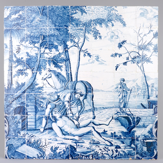 A very large blue and white Dutch Delft tile panel, Makkum, Friesland, 18th C.