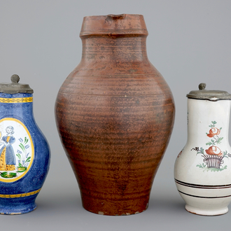 A pewter-mounted Brussels faience jug, a large Raeren jug and a Northern-French jug, 18/19th C.