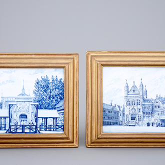 Two Dutch Delft blue and white plaques with city views, Makkum, 19th C.