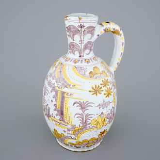 A large yellow and manganese chinoiserie jug, Frankfurt or Delft, 17th C.