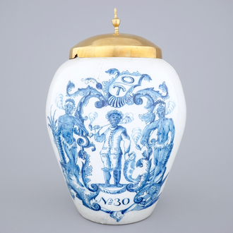 A very fine blue and white Dutch Delft tobacco jar, 18th C.