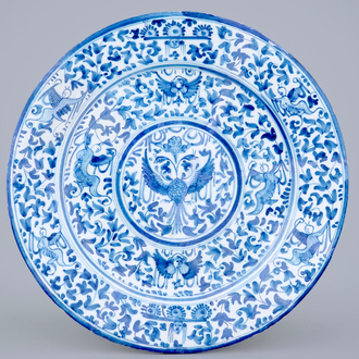 A blue and white dish with double eagles, Delft or Haarlem, 17th C.