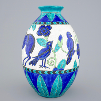 A Charles Catteau crackle glazed vase with birds for Boch Kéramis, 1st half 20th C.