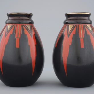 A pair of geometrical art deco vases, Saint-Ghislain, Belgium, ca. 1930