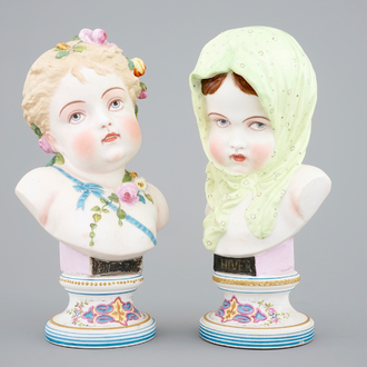 A pair of polychrome allegorical biscuit busts, Vion et Baury, Paris, 19th C.