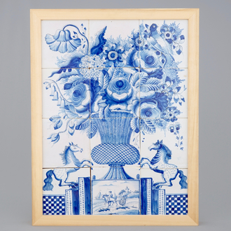 A Dutch Delft tile mural with a flower vase, Makkum, Friesland, 19th C.