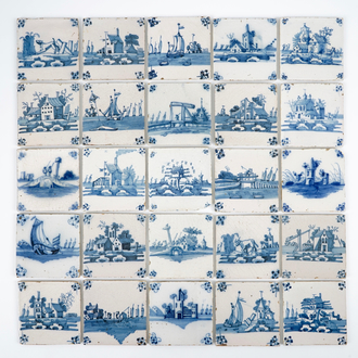 A set of 25 antique Dutch Delft landscape tiles, 18th C.