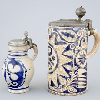 Two Westerwald stoneware pewter-mounted jugs, 17/18th C.
