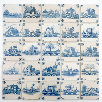 Un lot de 25 carreaux de Delft aux décors de paysages, 18ème