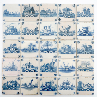 A set of 25 antique Dutch Delft landscape tiles, 18th C.