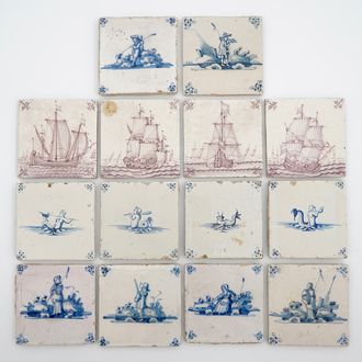 A set of 14 antique blue, white and manganese Delft tiles, 17/19th C.