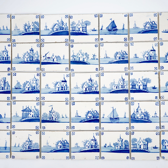 Un lot de 35 carreaux de Delft aux décors de paysages, 19ème