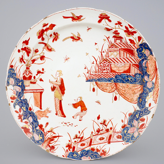 An exceptionally large Dutch Delft doré imari dish with chinoiserie design, 18th C.