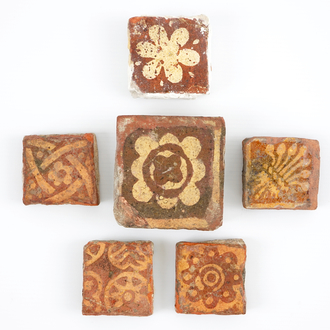 A set of 6 medieval tiles, probably Flemish, 14th C.