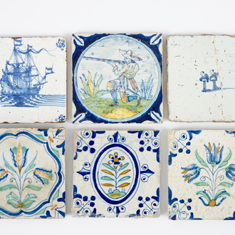 A set of 6 antique Dutch Delft tiles, incl. a fine ship, 17th C.