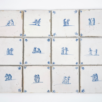 A set of 12 antique Dutch Delft tiles with children's games, 18th C.