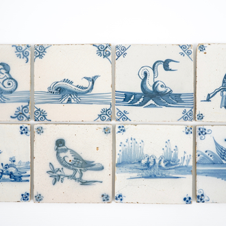 A set of 8 unusual blue and white Dutch Delft tiles, 18th C.