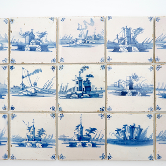 A set of 15 fine antique Dutch Delft blue and white landscape tiles, 18th C.