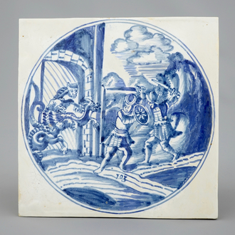 Un carreau de type Delft au décor mythologique en faïence bleu et blanc de Harlingen, la Frise, 18ème