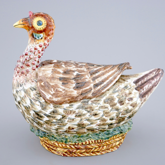 A French faience polychrome duck-shaped tureen and cover, 18/19th C.