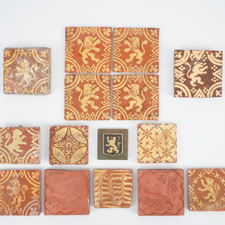 A large collection of Flemish slip-decorated and late medieval tiles, 16/18th C.