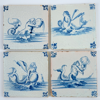 4 carreaux de Delft aux monstres marins, Gand, 17ème