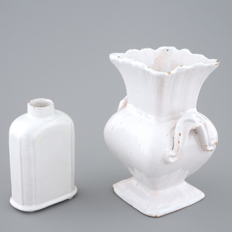 A white Delft tea caddy and a square vase, prob. France, 18th C.