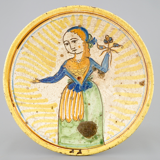 A French maiolica dish with a lady, Hesdin, north of France, 18th C.