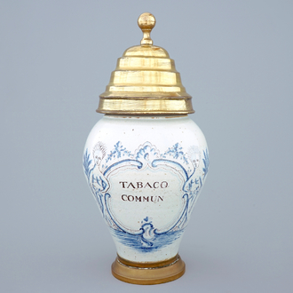 A Delftware tobacco jar with brass lid and mount, Lille, 18th C.