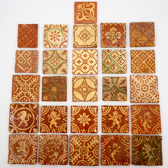 A lot of Flemish decorated redware tiles in medieval style, 17/19th C.