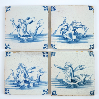 A set of 4 Delft tiles with sea creatures, Ghent, 17th C.