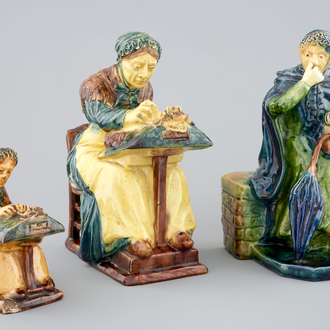 Two Flemish pottery lacemakers and a market lady, 1st half 20th C.