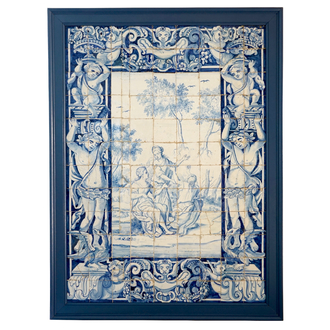 A large blue and white Portugese tile panel with a mythological scene, 17th C.