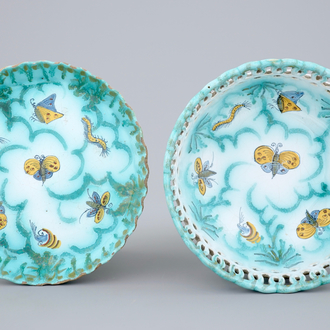 A Brussels faience basket on stand with butterflies and caterpillars, 18th C.