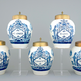 A set of five Dutch Delft tobacco jars with brass lids, 18th C.