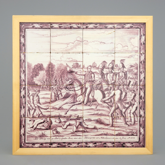 A manganese Dutch Delft tile panel with the battle at Quatre Bras, Waterloo, ca. 1820