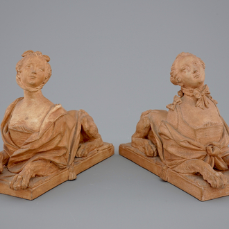 A pair of French terracotta figures of Madame de Pompadour as sphinxes, 19/20th C.
