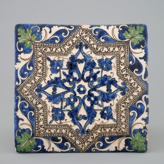 A square polychrome tile, Qajar, Iran, 19th C.