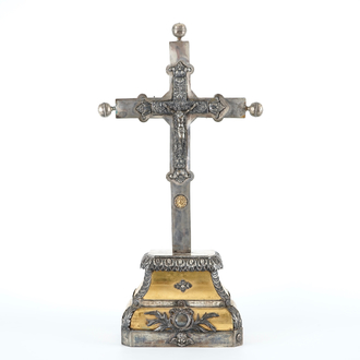 A tall silver and gilt brass reliquary crucifix, 18/19th C.