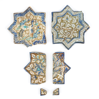 A set of six Kashan moulded luster-glazed star tile fragments, Central Persia, 13/14th C.