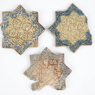Three Kashan star shaped tiles, Central Persia, 13/14th C.