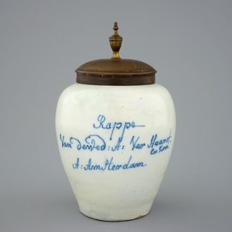 A small Dutch Delft tobacco jar, 18th C.