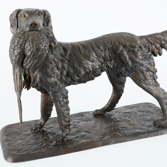 Pierre-Jules Mêne (1810-1879), A hunting dog with a partridge, bronze group