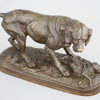 Groupe en bronze d'un chien de chasse et un lièvre comme proie, 20ème