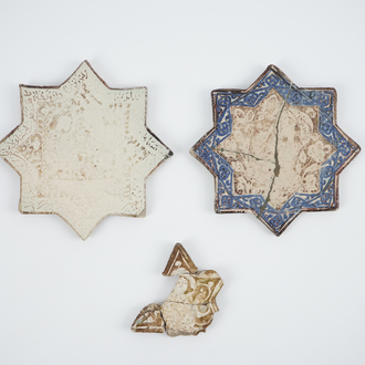 Two Kashan star shaped tiles and three fragments, Central Persia, 13/14th C.