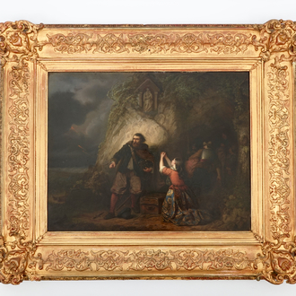 A coastal scene with soldiers, oil on panel, illegibly signed & dated 1850