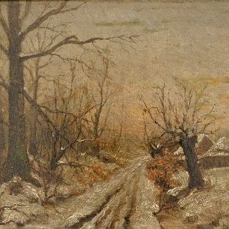 L. Laureys, a snowy winter landscape, oil on panel, dated 1897