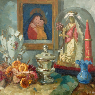 Guillaume Michiels (1909-1997), drie stillevens met heiligenbeelden, olie op doek