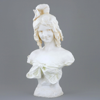 Affortunato Gory (1895-1925), an art nouveau bust depicting a young lady, biscuit, early 20th C.