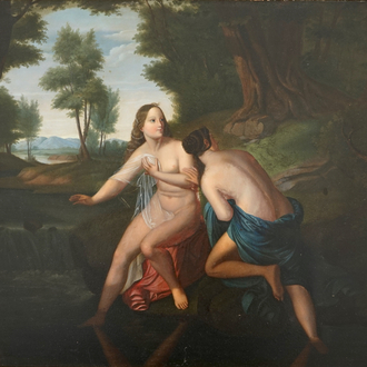 Une scène romantique de deux nymphes se baignant, huile sur cuivre, 19ème